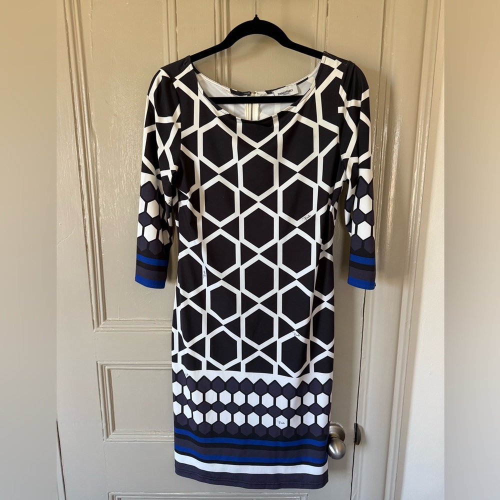 Emilio Pucci Black & White Geometric Midi Dress with Blue Trim